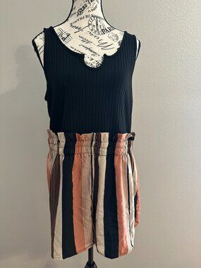 Shein Romper Women’s 2XL Black Ribbed Top Stripe Shorts Belted NWOT